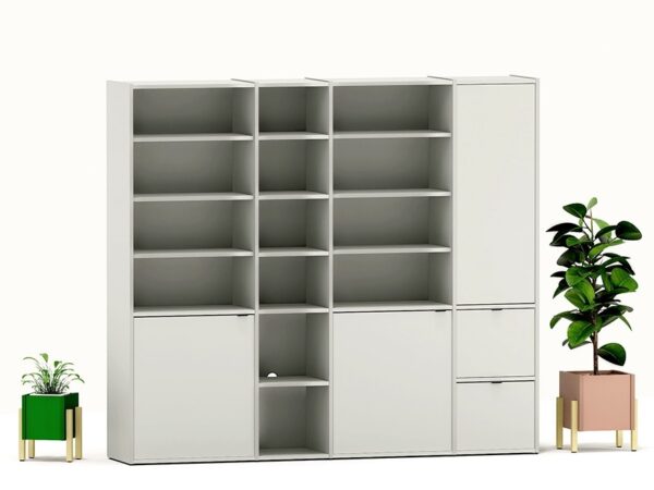 SZ-VOEK-4 - szafa, cztery moduły: szuflady, półki, zamykane szafki. Wybierz wyposażenie, konfiguruj wymiary i kolory.