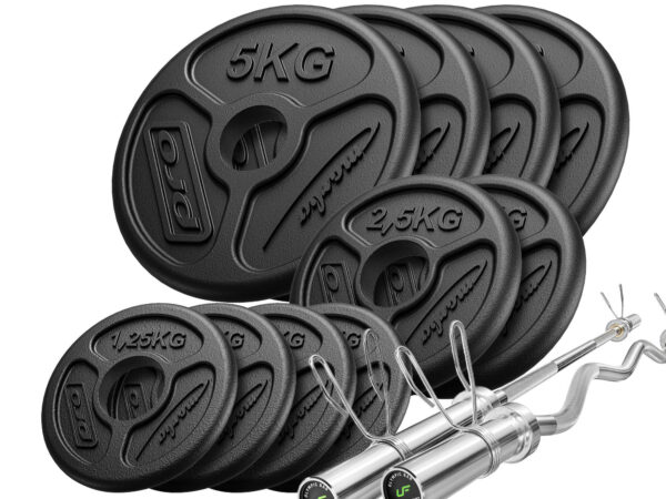 Zestaw 55kg | Gryf olimpijski 180cm + gryf olimpijski lekko łamany 120cm + obciążenia olimpijskie  4x5kg, 2x2,5kg, 4x1,25kg - Marbo Sport